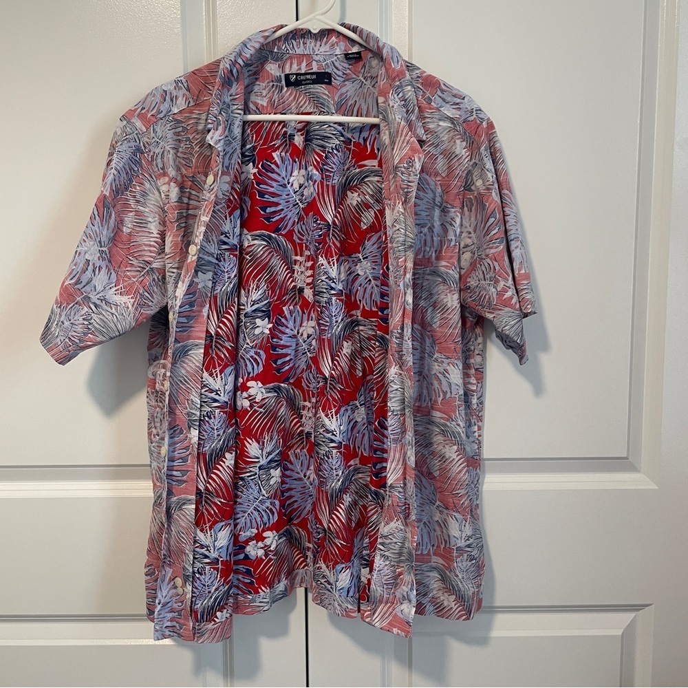 Cremeiux Men’s Hawaiian Shirt Size L Red Blue Tropical Palm Button Up Aloha